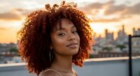 Young African American woman with curly afro hair smiling at sunset with city skyline background. Portrait photography for lifestyle and beauty concepts.