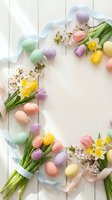 Easter frame with pastel colored eggs, spring tulips and daffodils on white wooden background with ribbon decoration for holiday greeting cards.