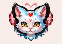 Cute fantasy cat character with wings and heart decorations on white background. Perfect for stickers, prints, and children illustration projects.