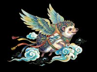 Flying hedgehog with colorful wings soaring through clouds, traditional Asian art style, isolated on transparent background, for stickers, t-shirt design, and print on demand.