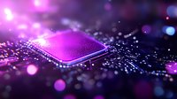 Glowing purple microprocessor on circuit board with bokeh light effects and digital connections. Modern computing technology concept with neon lighting.