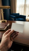 Hand holding blank white business card in modern office interior with blue armchair and wooden desk for corporate branding mockup.