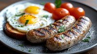 Grilled sausages served with sunny side up eggs on toasted bread, garnished with fresh cherry tomatoes and herbs on dark plate. Classic breakfast.