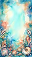 Watercolor ocean frame with seashells, starfish, coral, and pearls on teal background, perfect for invitations, cards, and summer designs.