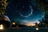 Magical night sky with glowing crescent moon made of stars, lantern light and silhouetted trees creating dreamy atmospheric scene at dusk.