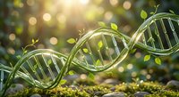 Green DNA double helix structure with fresh leaves sprouting from genetic code representing biotechnology, environmental science and sustainable innovation.