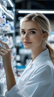 Young blonde female pharmacist in white coat examining medication bottle in modern pharmacy with shelves of medicines and healthcare products.