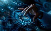 Futuristic digital interface with hand touching virtual support button on glowing blue technological display, perfect for customer service and IT support concepts in business presentations.