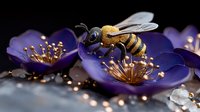 Detailed honey bee pollinating purple spring flowers in macro photography. Golden insect collecting nectar from blooming petals against dark background.