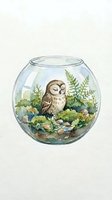 Watercolor illustration of a small owl perched inside a glass terrarium surrounded by lush ferns, moss, and pebbles. Use for nature art, woodland decor, and educational materials.