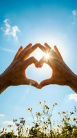 Hands forming heart shape against bright sun and blue sky with wildflowers below creating romantic outdoor scene for love and nature concepts.