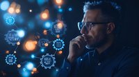 Thoughtful Caucasian male tech professional with beard and glasses analyzing digital transformation icons and glowing network connections in dark environment.
