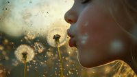 Young Caucasian woman blowing dandelion seeds at sunset with golden bokeh lights and flying seeds creating dreamy atmospheric scene in nature.