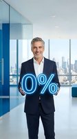 Mature male professional with gray hair and facial hair, wearing dark business suit and white shirt, holding glowing neon percentage symbol in modern high-rise office with city skyline view for finance and business concepts.