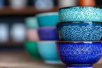 Colorful ceramic bowls with intricate oriental patterns stacked together, featuring turquoise and deep blue tones with detailed mandala and geometric designs.