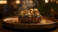 Grilled beef tenderloin steak topped with buttery lobster tail and golden crumbs on dark plate against blurred restaurant lights, luxury surf and turf dish.