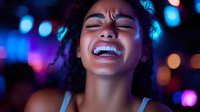 Young woman with long dark curly hair and medium skin tone laughing joyfully in neon-lit nightclub setting with blue and purple bokeh lights, expressing happiness and celebration.