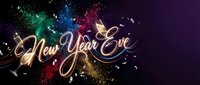 Festive New Year Eve celebration background with colorful fireworks explosion and golden calligraphy text on dark purple backdrop for party invitations.
