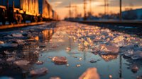 Wet asphalt road with puddles reflecting warm sunset light in urban industrial setting with power lines and buildings creating atmospheric mood.