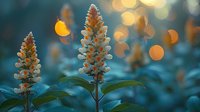 Delicate white flower spikes against blurred teal background with golden bokeh lights creating dreamy garden atmosphere. Soft evening glow enhances natural floral composition.