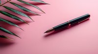 Elegant black fountain pen on pink background with palm leaves creating minimal composition. Modern stationery flatlay for business and creativity concept.