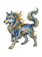 Stylized wolf with flowing mane and tail in blue, gold, and cream tones, isolated on white background. Ornamental design suitable for apparel, logos, and graphic projects.