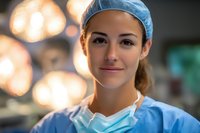 Female medical professional in surgical attire smiling confidently with warm bokeh lighting in hospital operating room background. Represents healthcare and medical expertise.