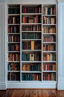 Classic built-in white bookshelf filled with vintage hardcover books in various sizes and colors, standing against light wall with polished wooden floor.