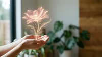 Woman's hand holding glowing pink flower with soft light effect against blurred indoor background with plants. Suitable for wellness, nature, and digital art projects.