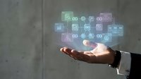 Businessman hand presenting holographic digital icons floating above palm showcasing modern technology connectivity and innovation concepts for business presentations.