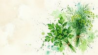 Fresh parsley and dill bouquet tied with twine, watercolor style on light background with green splashes, perfect for culinary and food design.