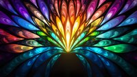 Vibrant fractal flower with rainbow colored petals radiating from center point against dark background, featuring glowing neon colors and symmetrical pattern.
