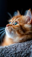 Close-up portrait of ginger cat with bright blue eyes looking up while resting on textured gray fabric. Dramatic lighting highlights whiskers and soft fur details.