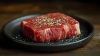 Raw marbled beef steak seasoned with salt and pepper on dark plate against wooden background, close up view with selective focus and rich texture.