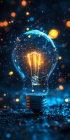 Glowing lightbulb with digital network pattern and orange light filament on dark background with bokeh effects. Concept of innovation and creative technology.