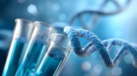 DNA molecule and test tubes with blue liquid on blurred background with bokeh lights, scientific research and biotechnology concept for medical studies.