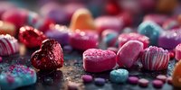 Colorful assortment of candy hearts and sweets with sugar crystals on dark surface, featuring red foil-wrapped chocolate and striped confections.