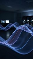 Glowing blue and purple wave lines flowing through dark tech environment with blurred server room background, representing data flow, digital transformation, and network connectivity.