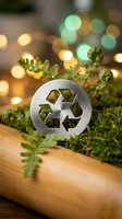 Metal recycling symbol nestled in green fern leaves on wooden surface with warm bokeh lights creating sustainable environmental concept for eco-friendly campaigns.