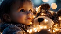 Adorable Caucasian toddler girl hugging illuminated teddy bear with fairy lights creating magical bokeh effect in dark background.