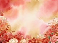 Watercolor floral background with red and pink flowers, ornamental swirls, and soft golden light. Suitable for wedding invitations, greeting cards, and decorative designs.
