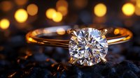 Elegant diamond engagement ring with brilliant cut stone on gold band against warm bokeh lights background for luxury jewelry and wedding concepts.