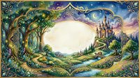 Fantasy landscape with ornate frame featuring castle, ancient tree, river and mountains in storybook illustration style for fairy tale designs.