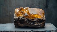 Raw amber stone with golden yellow crystals emerging from dark brown rock base on concrete surface against moody dark background. Natural mineral specimen.