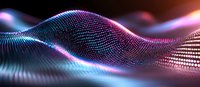 Abstract digital wave pattern with glowing particles in blue and pink neon colors forming dynamic flowing landscape against dark background. Modern technology concept.