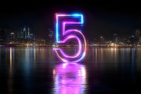 Glowing neon number five reflects on water surface against night city skyline with vibrant purple and blue light effects creating modern urban atmosphere.
