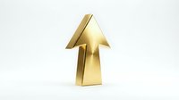 Shiny golden upward arrow symbol isolated on white background, representing growth, success, progress and financial increase for business concepts.
