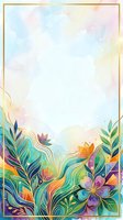Watercolor floral frame with gold border, colorful tropical leaves and flowers on pastel background, copy space for text or design.