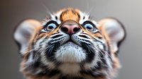 Adorable tiger cub with bright blue eyes looking up with curious expression. Close-up portrait of young wild cat with orange fur and black stripes.