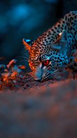 Dramatic close-up of leopard face with glowing red eye against dark background, illuminated by orange and blue lighting creates mysterious atmosphere.